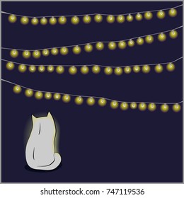 Cute cat with a garland. Night. Background, card. Vector illustration.