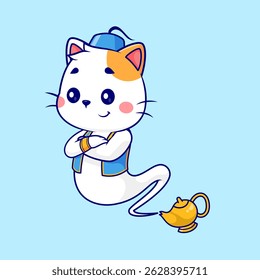 Cute Cat Genie In Lamp Cartoon Vector Icon Illustration. Animal Holiday Icon Concept Isolated Premium Vector. Flat Cartoon Style