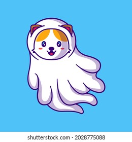 Cute Cat Ghost Cartoon Illustration. Halloween Flat cartoon Style Concept