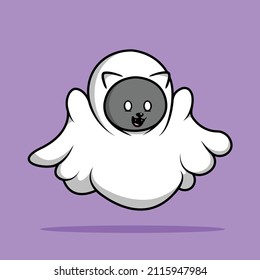 Cute Cat Ghost Cartoon Vector Icon Illustration. Animal Halloween Icon Concept Isolated Premium Vector. Flat Cartoon Style