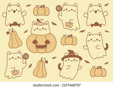 Colección de Halloween fantasma de gatitos con calabaza, luna y dibujo de doodles de murciélagos