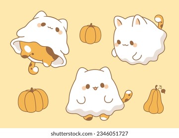 Cute cat as ghost halloween kawaii character collection