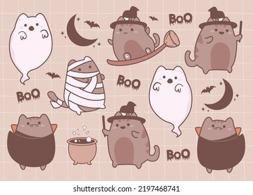 Cute cat ghost  witch  mummy costume halloween collection bat moon doodle drawing