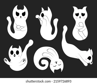 Cute cat ghosts set. Halloween cartoon vector kittens