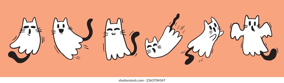 Cute cat ghosts vector illustration for Halloween, set of scary cartoon characters
