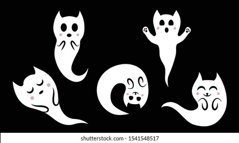 Cute Cat Ghosts. Vector Set Of Ghost Cats. Halloween Kittens