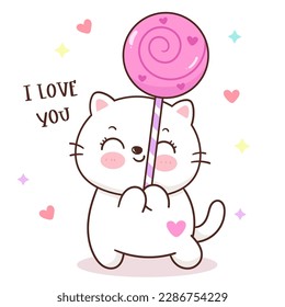 Cute cat with giant candy dessert for café logo. Series: Kawaii animals kitten isolated on white background (Character cartoon) Holiday activities, happy birthday.Perfect make a wish for baby t shirt.