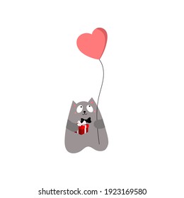 Un gato lindo con regalo y globo. Ilustración del vector 