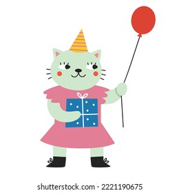 Cute cat with a gift and a balloon. Vector illustration