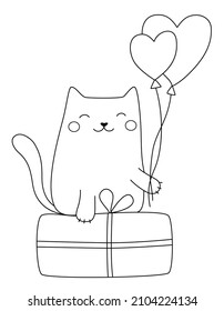 Cute cat with a gift, balloons, hearts. Funny kitten congratulates with love. Hand drawn vector illustration in cartoon doodle style for Valentine's Day, Birthday, Christmas. Isolated on a white.