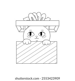 Cute cat in gift box. Funny simple coloring page. Vector illustration for children