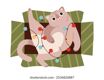 Cute cat in a gift box with a light garland. Pet in Christmas decoration. Flat illustration.