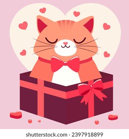 Cute cat in gift box on pink background. Valentine's Day celebra