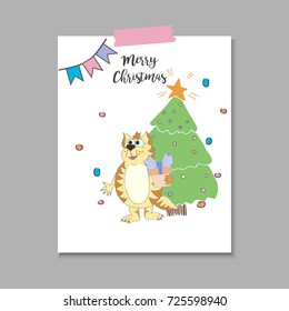 Cute cat with gifts, fir tree and words Merry Christmas. Vector cartoon illustration can be used for baby t-shirt, print design, baby shower, greeting and invitation card.