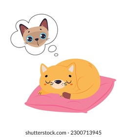 Gato lindo con el abrigo jengibre en la iluminación vectorial de los sueños de almohada