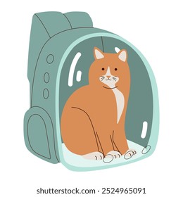 Gato lindo del jengibre del gato en un portador del animal doméstico con una ventana transparente. Estilo plano. Ilustración vectorial.