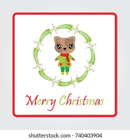 Cute cat girl in berry wreath vector cartoon illustration for Christmas card design, wallpaper and greeting card 