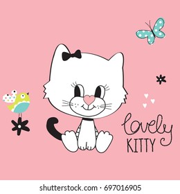 cute cat girl with bird and butterfly vector illustration