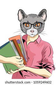 Cute cat girl with books. Student cat girl. Vector illustration