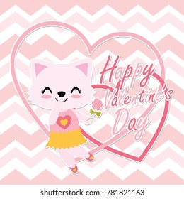 Cute cat girl brings pink rose on love frame vector cartoon illustration for Happy Valentine card design, postcard, and wallpaper