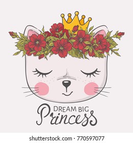 Cute Cat Girl With Crown And Floral Wreath. Dream Big Princess