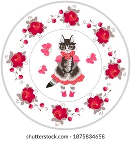 Cute cat - girl in dress. Beautiful round pattern with kitten and floral frame. Lid for gift box, decorative plate. 