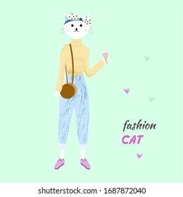 Cute cat girl dressed in trendy clothes with ice cream. Cartoon vector illustration of fashion cat. suitable for t-shirts and other clothes