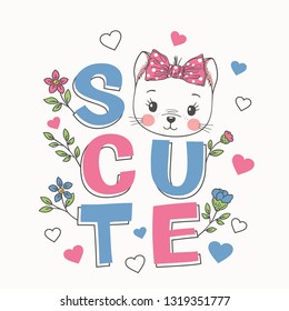 Cute cat girl face, flowers. So Cute slogan. Cartoon vector illustration design for t-shirt graphics, fashion prints, slogan tees