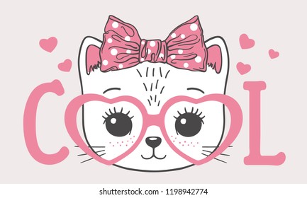 Cute cat girl face with pink heart glasses. Cool slogan. Vector illustration for children print design, kids t-shirt, baby wear