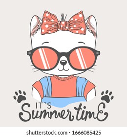 Cute cat girl face with sunglasses, footprint. Summer Time slogan