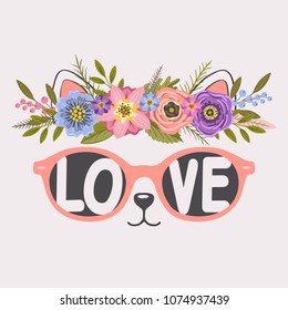 Cute cat girl face with wreath, sunglasses. Love slogan. Cartoon vector illustration for kids