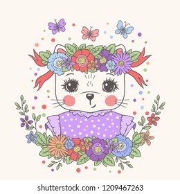 Cute cat girl with floral wreath, ribbon. Funny kitty face. Vector illustration for children print design, kids t-shirt, baby wear