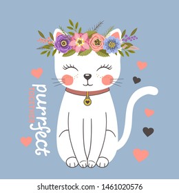 Cute cat girl with floral wreath. Purr-fect Together slogan. Cartoon vector illustration design for t-shirt graphics, fashion prints