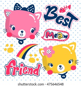Cute cat girl and friend on polka dot background illustration vector.