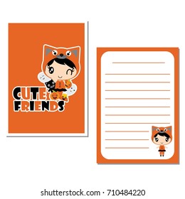 Cute cat girl and friends vector cartoon illustration for halloween paper card design, planner paper and stationery paper