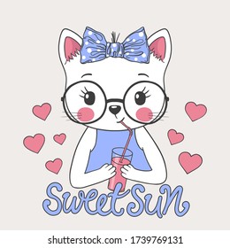 Cute cat girl with glasses drinking pink juice. Sweet Sun slogan. Illustration for t-shirt prints, posters and other uses.