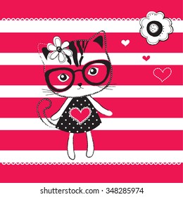 cute cat girl with glasses on striped background vector illustration