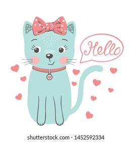 Cute cat girl. Hello slogan. Cartoon vector illustration design for t-shirt graphics, fashion prints