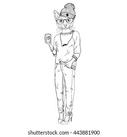cute cat girl hipster with coffee, furry art illustration, fashion animals