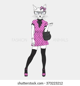 cute cat girl hipster, fashion animals