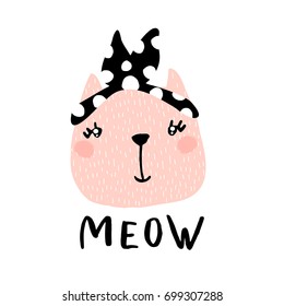 Cute cat girl illustration with text meow. Hand drawn with brush and ink creative kids print. Perfect for apparel, nursery decoration, cards, posters