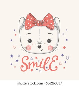 Cute cat girl. Little kitty with bow. Smile slogan