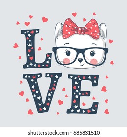 Cute cat girl. Love slogan. Vector illustration for print design