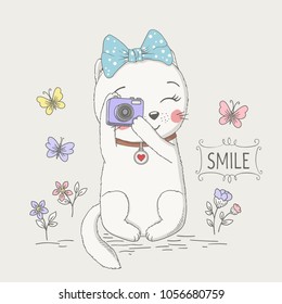 Cute cat girl photographer with camera. Hand drawning vector illustration for print design