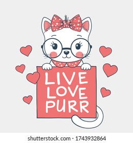 Chica de gatito con lugar para el texto. Lema de Live Love Purr. Ilustración para impresiones de camisetas, carteles y otros usos.