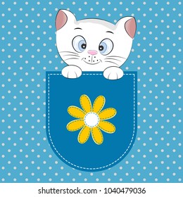 Cute cat girl in the pocket, T-shirt design for kids. Greeting card. Vector illustration.