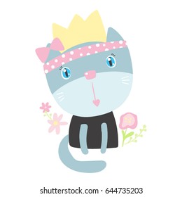 cute cat girl princess in crown, vector illustration can be used as a kid wear print