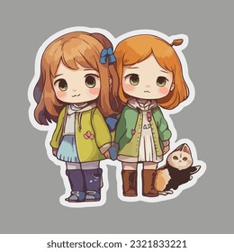 cute cat and girl sticker vector design