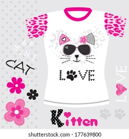 cute cat, girl tshirt design, kids fashion vector illustration