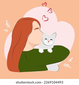 Cute cat and a girl. Vector illustration for National Pet Month, cat fidelity day, cat day.  Hearts background. Girl kissing a pet.